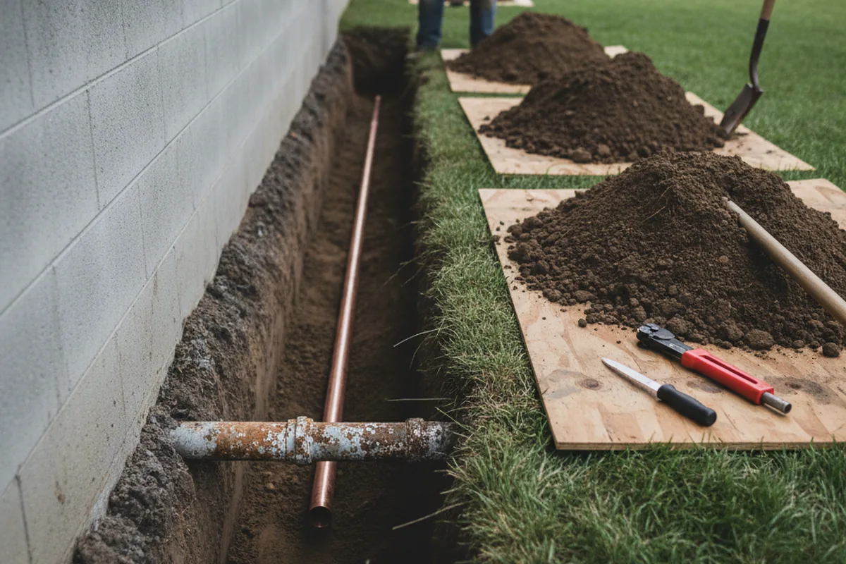 Excavated water line trench during Water Softener Installation in Footville